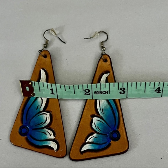 Handcrafted Blue and Tan leather Angel Wing Earrings - Picture 3 of 5